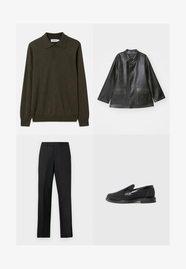 Emporio Armani CABAN - Bunda z umělé kůže - lavagna; Pánská polo košile s dlouhým rukávem v tmavě olivově zelené barvě, vyrobená z jemné látky. Má klasický límeček, zapínání na tři knoflíky a žebrované manžety.; Černé kalhoty s rovnými nohavicemi vyrobené z hladké látky. Mají standardní pas a žádné viditelné vzory či zdobení.; Černé pletené nazouvací boty s hladkým koženým akcentem na svršku, kulatou špičkou a nízkoprofilovou gumovou podrážkou.