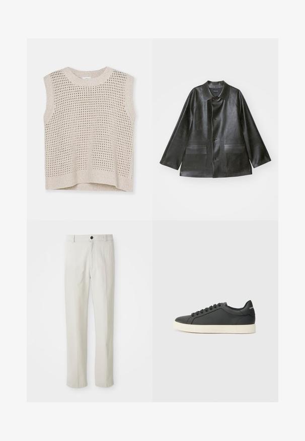 Emporio Armani CABAN - Műbőr dzseki - lavagna; Kötött ujjatlan top világos bézs színben, nyitott szövésű mintával, kerek nyakkal és bordázott aljjal. Puha tapintású; laza dizájn, amely alkalmas rétegezésre.; Bézs egyenes szárú nadrág övlyukkal, elülső gombbal és cipzárral, síkban egy fehér háttéren elhelyezve.; Fekete bőr sportcipő alacsony profilú, lekerekített orral és fűzős záródással; texturált gumitalppal és logó részlettel a saroknál.