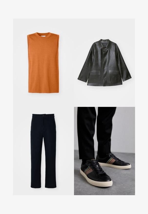 Emporio Armani CABAN - Dirbtinės odos striukė - lavagna; Bešvarkis oranžinis megztinis be rankovių su apvaliu kaklu, lygia tekstūra ir tiesiu siluetu, turintis švarų apvadu ir minimalizmą detalių.; Tamsiai mėlynos medvilninės kelnės, turinčios tiesioginį kirpimą, priekyje užsegamos mygtuku ir klasikine juosta su dirželio kilpom.; Juodi odiniai sportbačiai su daugiaspalviais juostuotais akcentais, apvaliu pirštu ir baltais gumos padais, su raišteliais ir įspaustu ženklu.