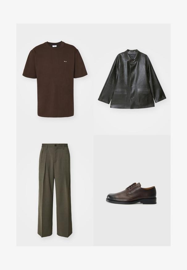 Emporio Armani CABAN - Műbőr dzseki - lavagna; NN.07 ADAM EMB - Basic póló - brown; Filippa K WIDE TROUSERS - Nadrágok - driftwood; Barna bőr cipő, lekerekített orral, alacsony sarokkal, fűzős kialakítással és sima felülettel. Jellemzi a minimális varrás és a fényes kivitel.