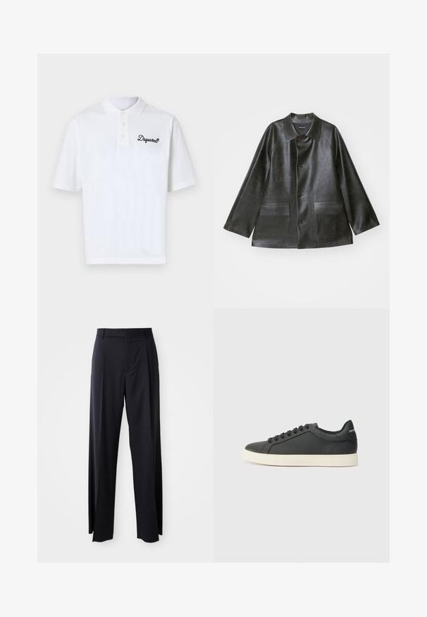 Emporio Armani CABAN - Giacca in similpelle - lavagna; Polo in cotone bianco con colletto classico, tre bottoni e logo "Dsquared2" ricamato in nero sul lato sinistro.; Pantaloni neri a vita alta con gamba larga, realizzati in tessuto liscio. Presentano pieghe frontali e passanti per cintura. Design minimalista, senza hardware visibile.; Sneaker in pelle nera con profilo basso, punta tondeggiante e chiusura stringata; presenta una suola in gomma testurizzata e dettaglio del logo sul tallone.