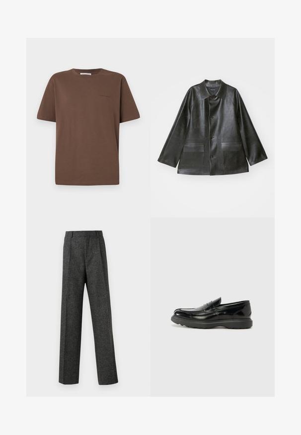 Emporio Armani CABAN - Kunstnahast jakk - lavagna; Pruun puuvillane T-särk ümmarguse kaeluse, lühikeste varrukate ja väikese logoga, mis on trükitud ette. Lameda kangastekstuuri ja vaba lõikega.; Hallidehased hallid püksid tekstureeritud kangast, millel on kaks eesmist voldi ja sirge sääre disain. Pole nähtavaid taskuid ega kaunistusi.; Must musta nahk loafer läikiva viimistlusega, ümar varvas, delikaatsed õmblusdetailid ja paks kummist tallad vastupidavuse tagamiseks.