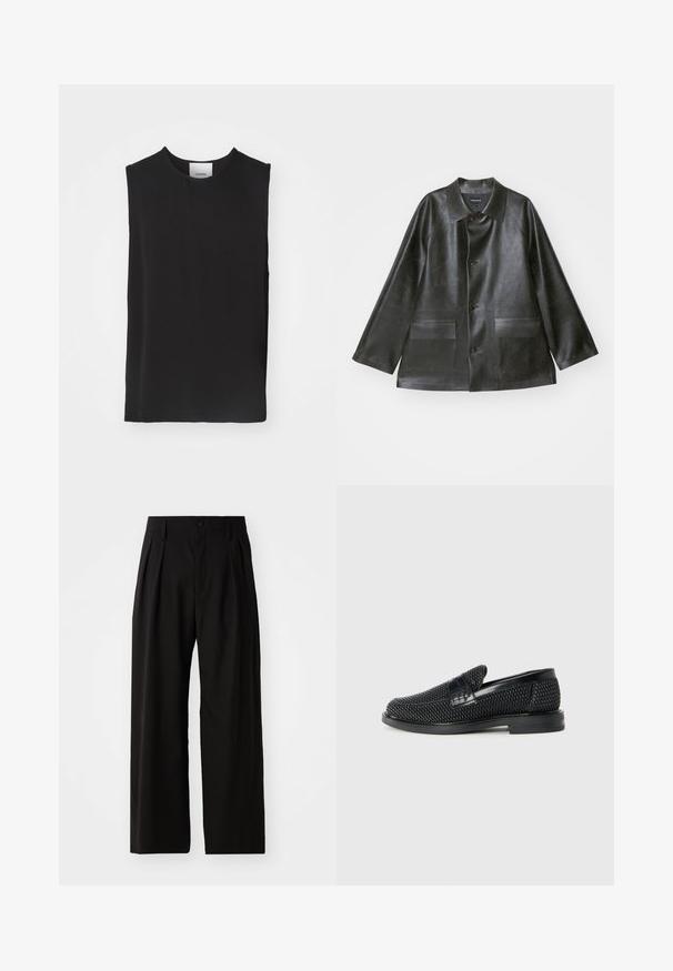 Emporio Armani CABAN - Bunda z umělé kůže - lavagna; Černý bezrukávový top z hladkého materiálu, s kulatým výstřihem a volným střihem, bez viditelných akcentů nebo vzorů.; Černé široké kalhoty s hladkou texturou, obsahující dva přední záhyby, zapínání na knoflík a boční kapsy. Odolná tkanina.; Černé pletené nazouvací boty s hladkým koženým akcentem na svršku, kulatou špičkou a nízkoprofilovou gumovou podrážkou.