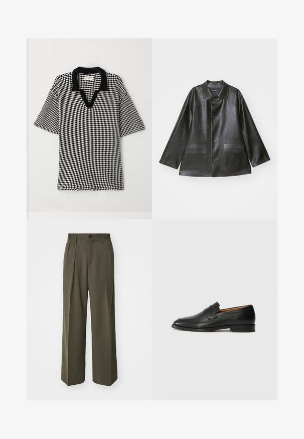 Emporio Armani CABAN - Kunstnahast jakk - lavagna; Mustvalge polo särk, millel on ruuduline muster, V-kaelus ja kontrastne must krae. Lühikesed, laiad varrukad tagavad mugava istuvuse.; Filippa K WIDE TROUSERS - Püksid - driftwood; Must musta loafers ümarate varvastega, peene tikandiga ja madala kontsaga, millel on sile tekstuur ja minimalistlik disain.