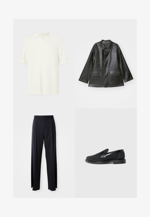 Emporio Armani CABAN - Bunda z nepravej kože - lavagna; Polo tričko s krátkym rukávom, svetlo smotanovej farby, vyrobené z textúrovaného materiálu, s výstrihom do V a klasickým golierom.; Čierne, vysoké nohavice so širokým strihom, vyrobené z hladkej látky. Obsahujú predné skladby a pútka na opasok. Minimalistický dizajn, bez viditeľnej kovania.; Čierne tkané slip-on topánky s hladkým koženým akcentom na vrchnej časti, s okrúlym dizajnom špičky a nízkoprofilovou gumovou podrážkou.