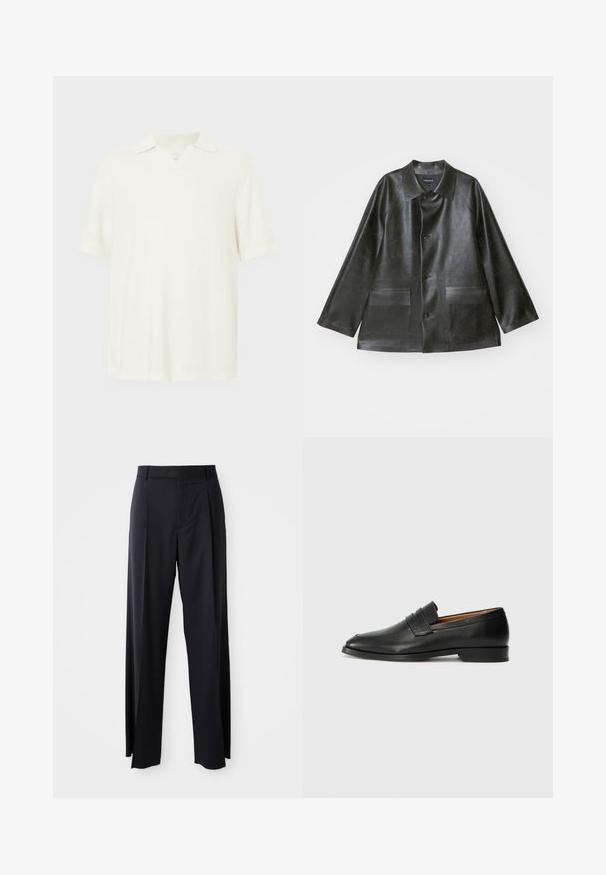 Emporio Armani CABAN - Mākslīgās ādas jaka - lavagna; Īsām piedurkņu polo krekls, gaiši krēmkrāsā, izgatavots no teksturēta auduma, ar V veida kakla izgriezumu un klasisku apkakles dizainu.; Melnas, augstās vidukļa bikses ar platām kājām, izgatavotas no gludas auduma. Iezīmē priekšējās krokas un jostas cilpas. Minimalistisks dizains, bez redzamām detaļām.; Melnas ādas loafers ar noapaļotu purngala formu, smalku izšuvumu un zemu papēdi, piedāvājot gludu tekstūru un minimālistisku dizainu.