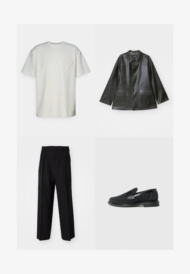 Emporio Armani CABAN - Dirbtinės odos striukė - lavagna; Trumpas rankovėmis marškinėliai iš kreminio medvilnės, su tekstūruotu deimanto formos aplikacija ir reljefiniu dizainu kairėje krūtinės pusėje.; Juodi klostuoti kelnių, su tiesiu, plačiu kojų dizainu. Pagaminti iš lygios medžiagos, su mygtukų uždarymu ir diržo kilputėmis.; Juodas pintas slip-on tipo batelis su lygiu odiniu akcentu viršuje, apvalios nosies dizainas ir žemas guminis padas.