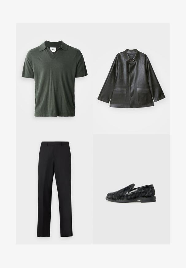 Emporio Armani CABAN - Jachetă din imitație de piele - lavagna; Polo verde închis, cu mânecă scurtă, decolteu în V, realizat dintr-un material moale, cu tiv drept și slituri laterale pentru confort.; Pantaloni negri cu talie dreaptă, realizați dintr-un material neted. Prezintă o talie standard și nu au modele sau accente vizibile.; Pantofii negri din material textil, cu accent din piele netedă pe partea superioară, design cu vârf rotund și talpă din cauciuc de profil redus.