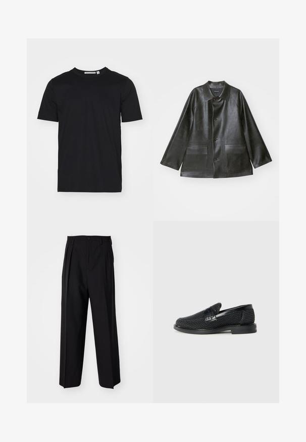 Emporio Armani CABAN - Műbőr dzseki - lavagna; Tiger of Sweden OLAF - Basic póló - black; Fekete, pliszírozott nadrág, egyenes, széles lábakkal. Sima anyagból készült, gombos záródással és övhurkokkal rendelkezik.; Fekete szőtt slip-on cipő sima bőr díszítéssel a felsőrészen, kerek orral és alacsony profilos gumitalppal.