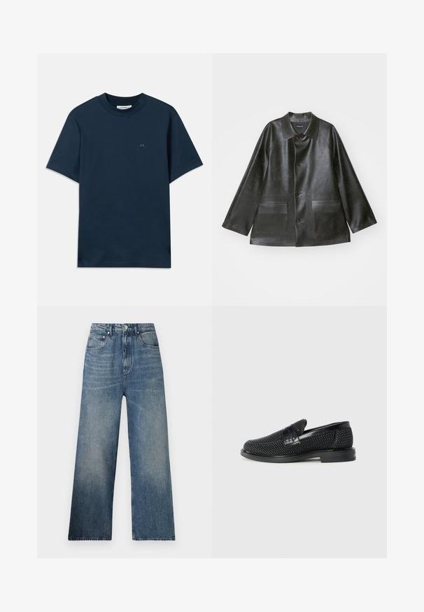 Emporio Armani CABAN - Bunda z umělé kůže - lavagna; Tmavě modré bavlněné tričko s kulatým výstřihem, krátkými rukávy a decentním logem potištěným na hrudi. Hladká textura a klasický střih.; Modré denimové kalhoty s širokými nohavicemi a vysokým pasem, které mají jemné zvětrání, pět kapes a kovové zapínání na knoflík vpředu.; Černé pletené nazouvací boty s hladkým koženým akcentem na svršku, kulatou špičkou a nízkoprofilovou gumovou podrážkou.