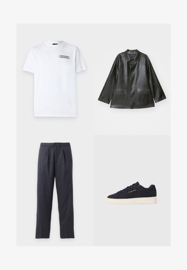 Emporio Armani CABAN - Kunstnahast jakk - lavagna; Valge puuvillane T-särk, millel on ümmargune kaelus, lühikesed varrukad ja rinnal mitmevärviline ringikujuline tikand.; Tumed sinised püksid pehmest kangast, mille esiosal on volditud disain ja elastne vöökoht. Varustatud nupuga sulgemisega ja sirge lõikega.; Tumedat sinine seemisnahast madala profiiliga tennis, valge tossutald, tumesinised paelad ning küljes kuldne "Filling Pieces" logo.