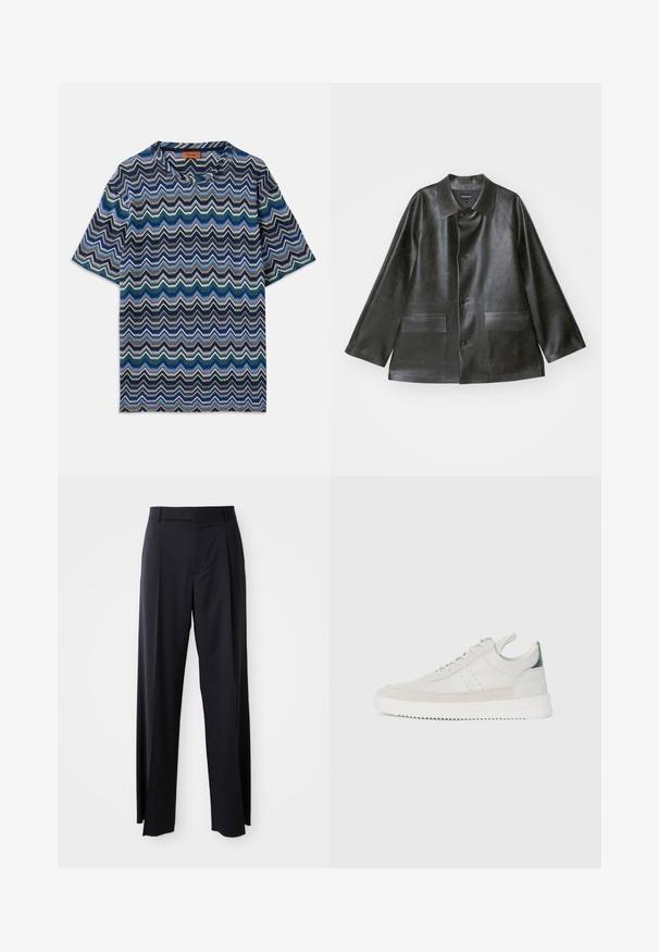 Emporio Armani CABAN - Dirbtinės odos striukė - lavagna; Trumpas rankovėmis marškinėlis su zigzago raštu tamsiai mėlynos, mėlynos, žalios ir baltos spalvų. Pagamintas iš tekstūruoto mezginio audinio su apvalia iškirpte.; Juodi, aukštai užtraukiami kelnių modeliai su plačiomis kojomis, pagaminti iš lygaus audinio. Yra priekiniai raukšlės ir diržo kilpos. Minimalistinio dizaino, be matomų detalių.; Balti odiniai sportbačiai su pilkais zomšos akcentais, su raišteliais, su traukimo juostele ir tekstūruota guma, kurioje matomas zigzago raštas.