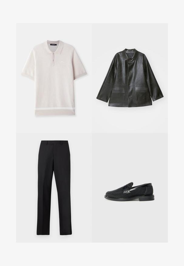 Emporio Armani CABAN - Dirbtinės odos striukė - lavagna; Šviesiai pilkas polo marškinėlis, pagamintas iš tekstūruoto audinio, su apykakle, trumpomis rankovėmis, trimis mygtukais ir baltu logotipu ant krūtinės.; Juodos, tiesios kojų kelnės iš lygaus audinio. Turi standartinę juosmens juostą ir neturi matomų raštų ar akcentų.; Juodas pintas slip-on tipo batelis su lygiu odiniu akcentu viršuje, apvalios nosies dizainas ir žemas guminis padas.