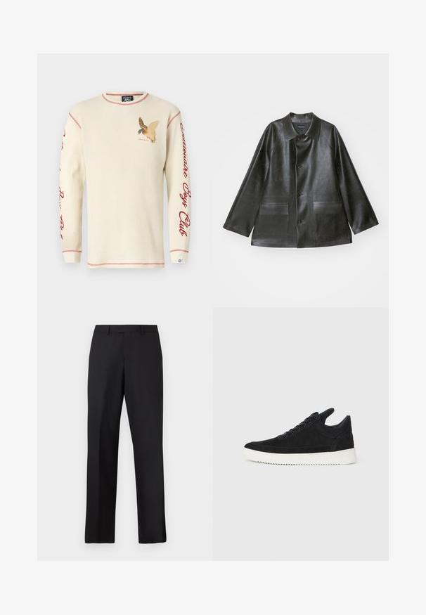 Emporio Armani CABAN - Veste en similicuir - lavagna; Chemise à manches longues en tricot gaufré crème avec des surpiqûres rouges. Présente un graphique d'oiseau sur la poitrine et le texte "Billionaire Boys Club" sur les manches.; Pantalon noir à jambes droites en tissu lisse. Comprend une ceinture standard et aucun motif ou accent visible.; Baskets en daim noir avec une semelle en caoutchouc blanc, présentant des coutures tonales et un design lacé. Texture lisse avec une forme moderne et épurée.