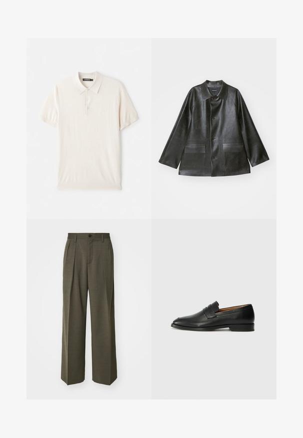 Emporio Armani CABAN - Kunstlederjacke - lavagna; Hellbeige Polohemd mit klassischem Kragen, mit drei Knöpfen und kurzen Ärmeln. Aus weichem, glattem Stoff gefertigt. Einfaches Design ohne Muster.; Filippa K WIDE TROUSERS - Stoffhose - driftwood; Schwarze Leder-Slipper mit runder Zehenform, dezenten gestickten Details und niedrigem Absatz, ausgestattet mit glatter Textur und minimalistischem Design.