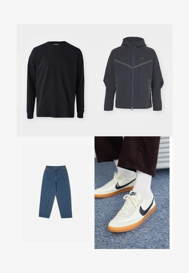Jachetă Nike neagră cu fermoar frontal, glugă și cusături unghiulare. Prezintă accente reflective și buzunare laterale cu fermoar. Fabricată dintr-un material ușor.; Cămașă neagră cu manșete lungi, din bumbac, cu guler rotund și croială dreaptă, având un mic detaliu cu logo pe manșetă.; Jeans din denim albastru cu o croială relaxată, talie înaltă, design cu cinci buzunare și accente cusute. Dispune de un sistem de închidere cu buton și fermoar.; Sneakers Nike din piele albă cu un swoosh bleumarin, având un branț din cauciuc de culoare gumă și șireturi albe, asortate cu șosete albe și pantaloni închisi din ribstop.