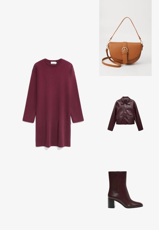 Bordeaux leren cropped jas met een kraag, sluiting met knopen aan de voorkant en twee borstzakken. Glad textuur en aangesloten mouwen.; Bordeaux, lang slim-fit jurk van gestructureerde stof, met een ronde halslijn en recht silhouet. Geen patronen of zichtbare hardware.; Bordeaux enkellaarsjes van soepel leer, met een puntige neus en een chunky, gestructureerde zwarte hak. Minimalistisch ontwerp met strakke lijnen.; Bruine leren schoudertas met een gebogen vorm, gouden hardware en een gespaccent. Bevat een afneembare schouderriem.