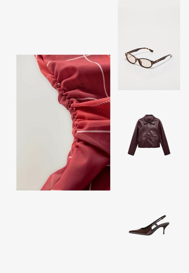 Burgundy nahka cropped-takki, jossa on kaulus, etu-napitus ja kaksi rintataskua. Sileä pinta ja istuvat hihat.; Punainen, tekstiilinen kangas, jossa on poimutettu yksityiskohtia ja valkoisia viivakuviota, esittelee sileän ja hieman kiiltävän pinnan.; Ruskean lakatut kengät, joissa on avointa leikkuuta, kapea kantapää ja terävä kärki. Varustettu säädettävällä solkiremmi.; Silmukaisvartiset aurinkolasit, joissa on pyöristetty muoto ja kevyet linssit. Varret ovat tukevat ja niissä on pieniä kultaisia yksityiskohtia, valmistettu muovimateriaalista.; Musta nahkainen olkalaukku, jossa on pehmeä, roikkuva muotoilu, leveät kahvat ja sileä pinta. Ei näkyviä metalliosia tai koristeluja.