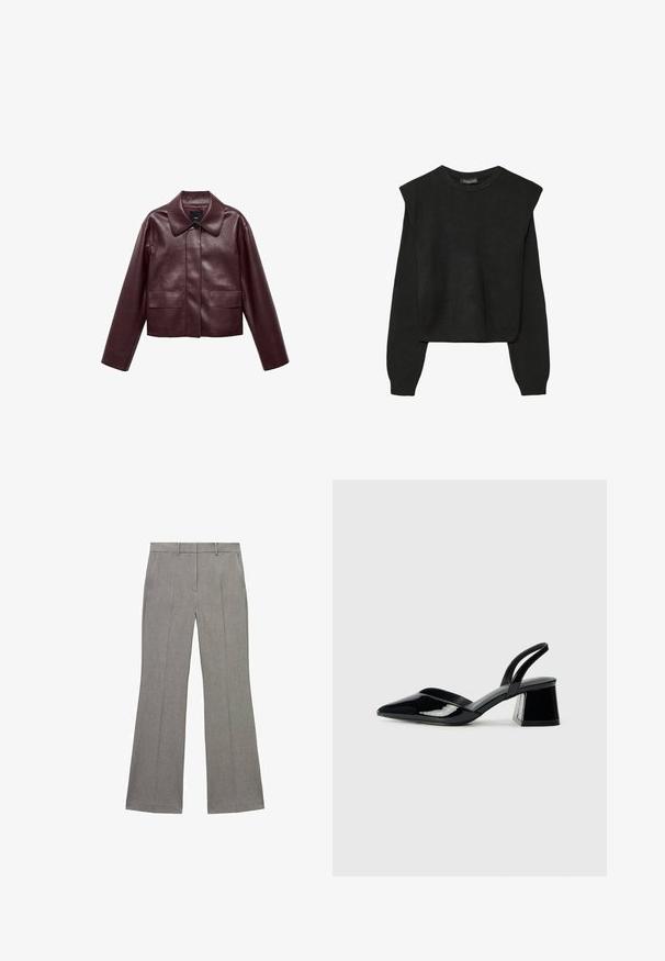 Giacca cropped in pelle bordeaux con colletto, chiusura frontale a bottoni e due tasche sul petto. Texture liscia e maniche aderenti.; Maglione nero a maniche lunghe in maglia con spalle imbottite e polsini e orlo a coste, mostrato su uno sfondo bianco.; Pantaloni grigi a zampa d'elefante con tessuto testurizzato, caratterizzati da una parte frontale piatta, passanti per cintura e pieghe stirate lungo le gambe per un aspetto sartoriale.; Décolleté in vernice nera con punta affusolata e tacco in geometria cubica. Presentano un design elegante e minimalista, con una texture liscia.