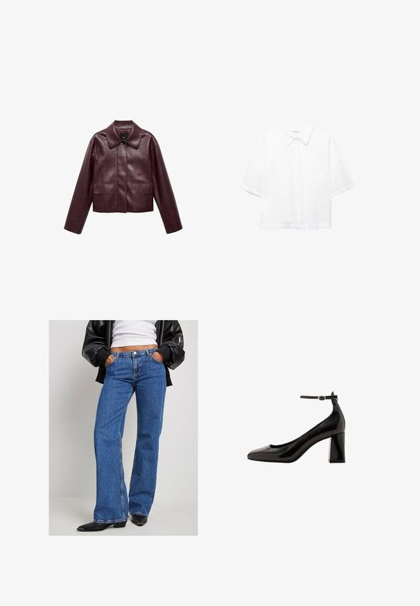 Burgundska usnjena krajša jakna z ovratnikom, sprednjim zapiranjem na gumbe in dvema žepoma na prsih. Gladka tekstura in oprijete rokave.; Bela kratka srajca s kratkimi rokavi, izdelana iz bombaža, s klasičnim ovratnikom, sprednjim zapiranjem na gumbe in sproščenim prileganjem. Gladka tekstura brez vzorcev.; Modri kavbojke z ravnim krojem, srednjega umivanja, petim žepnim dizajnom in subtilnim šivom. Nosi se z belo majico in črno jakno.; Črne lakaste čevlje z ankel trakom, sijajne površine, s koničastim nosom in debelim blok peto. Gladka tekstura, minimalni detajli.