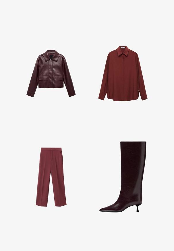 Burgunderrote, taillierte Lederjacke mit Kragen, Knopfverschluss auf der Vorderseite und zwei Brusttaschen. Schmale Passform und enganliegende Ärmel.; Langärmliges burgunderrotes Hemd mit spitzem Kragen, vorderem Knopfverschluss und lockerer Passform. Aus glattem Stoff mit minimalistischem Design gefertigt.; Weinrote Hose mit weitem Bein aus glattem Material, ausgestattet mit seitlichen Taschen und einem hohen Taillendesign. Mit einem klaren vorderen Bügel gefaltet.; Knöchelhoher burgunderfarbener Lederstiefel mit einer eleganten, strukturierten Oberfläche, spitzem Zehenbereich und einem dünnen, gestapelten Absatz für zusätzliche Höhe.