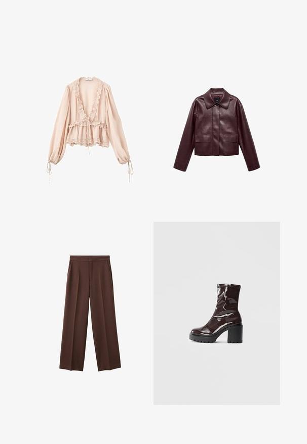 Bordo kožna skraćena jakna s ovratnikom, prednjim kopčanjem na dugmad i dvije džepove na prsima. Glatka tekstura i uske rukave.; Bluzica boje ružičastog obraza s dugim rukavima, volanastim izrezom, strukom s vezicom i čipkastim detaljima na manžetama i rubu. Lagana, strukturalna tkanina.; Smeđe široke hlače s glatkom teksturom, s dva bočna džepa i nabranim prednjim dijelom za opušteni fit.; Sjajna burgundska čizma do gležnja s debelim crnim potplatom, koja se odlikuje glatkom teksturom i jednostavnim dizajnom. Nema vidljivih kopčanja ili uzoraka.