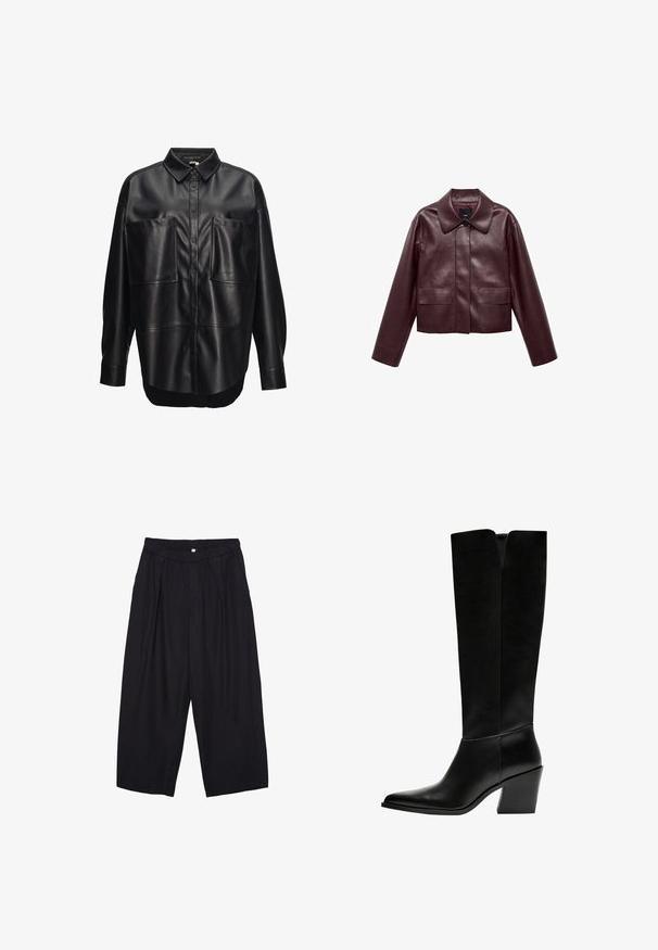 Burgundowa skórzana krótka kurtka z kołnierzem, zapięciem na guziki z przodu i dwiema kieszeniami na piersiach. Gładka tekstura i dopasowane rękawy.; Czarna skórzana koszula zapinana na guziki z rozłożonym kołnierzykiem, dwiema dużymi przednimi kieszeniami i luźnym krojem. Gładka tekstura i lekko zaokrąglony doł.; Czarne spodnie culotte z poliestru z elastycznym pasem, dwoma fałdami z przodu i luźnym krojem. Brak widocznych wzorów lub elementów metalowych.; Czarne kozaki do kolan wykonane z gładkiej skóry, z ostro zakończonym noskiem, blokowym obcasem i wycięciem w kształcie litery V na górze.