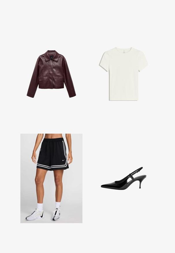 Burgundy nahka cropped-takki, jossa on kaulus, etu-napitus ja kaksi rintataskua. Sileä pinta ja istuvat hihat.; Valkoinen lyhythihainen t-paita, joka on valmistettu pehmeästä ja kevyestä kankaasta. Siinä on pyöreä kaula-aukko ja yksinkertainen muotoilu ilman kuvioita tai yksityiskohtia.; Mustat urheilushortsit, joissa on valkoiset raidat, joustava vyötärö ja nyöritys. Yhdistetty valkoisten ja mustien tennareiden sekä sukkien kanssa.; Musta lakattu nahkainen slingback-korkokenkä teräväkärkisellä, avonaisilla sivurei'illä, kapealla korolla ja säädettävällä nilkkahihnalla.