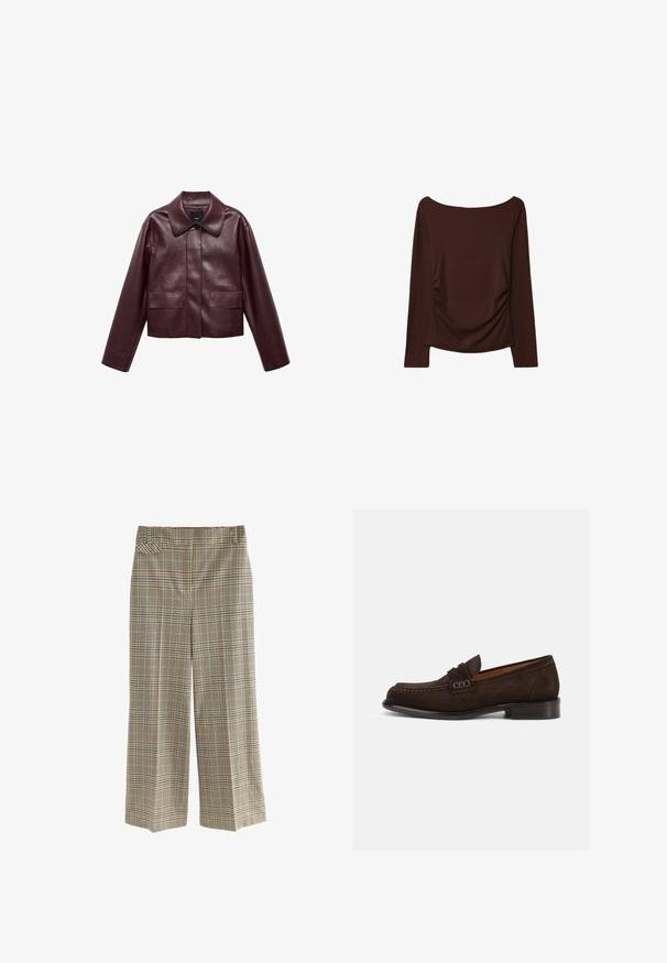 Giacca cropped in pelle bordeaux con colletto, chiusura frontale a bottoni e due tasche sul petto. Texture liscia e maniche aderenti.; Maglietta marrone a maniche lunghe con scollatura ampia e dettagli arricciati sui lati, realizzata in un materiale morbido e elastico.; Pantaloni a gamba larga a scacchi realizzati in tessuto intrecciato. Dotati di una vita, tasche laterali e un motivo di quadrati marroni, blu e crema.; Mocassini in suede marrone con punta rotonda, dettagli cuciti e un piccolo accento decorativo sulla fascia. Design con tacco piatto.