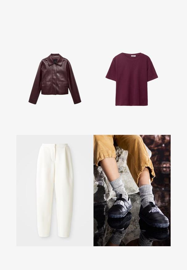 Bordo kožna skraćena jakna s ovratnikom, prednjim kopčanjem na dugmad i dvije džepove na prsima. Glatka tekstura i uske rukave.; Burgundska majica s kratkim rukavima izrađena od mekanog pamuka. Ima klasičan okrugli izrez i ležeran kroj. Jednostavan materijal, bez uzoraka i akcenata.; Bijele hlače visokog struka sužene kroja s skrivenim prednjim kopčanjem i bočnim džepovima, prikazane na jednostavnoj bijeloj pozadini.; Crne izolirane slip-on cipele s teksturiranom potplatom i bijelim logotipom, nosene s sivim pletenim čarapama, u kombinaciji s rebrastim hlačama boje senfa.