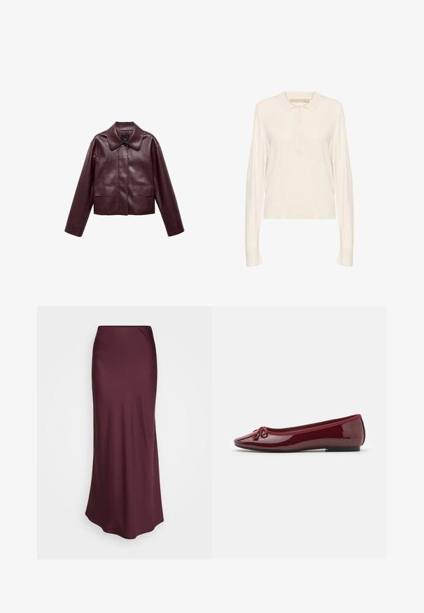 Burgundska usnjena krajša jakna z ovratnikom, sprednjim zapiranjem na gumbe in dvema žepoma na prsih. Gladka tekstura in oprijete rokave.; Kremna dolga majica s polo ovratnikom, izdelana iz mehke pletene tkanine, s ribanim ovratnikom, štirimi gumbi in sproščenim krojem. Gladka tekstura.; Burgundska satenska maxi krila z gladko teksturo in prilegajočim dizajnom, s pravo linijo in subtilnim drapanjem na pasu.; Baletne balerinke v sijajni burgundski lakirani koži, z okroglo konico, dekorativno pentljo in nizkim črnim podplatom.