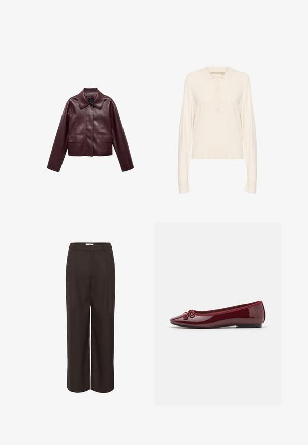 Giacca cropped in pelle bordeaux con colletto, chiusura frontale a bottoni e due tasche sul petto. Texture liscia e maniche aderenti.; Polo a maniche lunghe color crema, realizzato in morbido tessuto a maglia, con colletto a coste, patta con quattro bottoni e vestibilità comoda. Texture liscia.; Pantaloni a gamba larga marroni realizzati in un tessuto morbido. Presentano una vita alta, pieghe frontali e tasche laterali per funzionalità.; Ballerine in vernice bordeaux lucido, con punta arrotondata, un fiocco decorativo e una suola nera bassa.