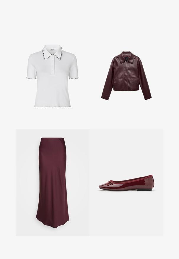 Burgundy leather cropped jacket with a collar, front button closure, and two chest pockets. Smooth texture and fitted sleeves.; Modström MAGDALONEMD POLO - Polo shirt - soft white; Burgundy satin maxi skirt with a smooth texture and fitted design, featuring a straight silhouette and subtle draping at the waist.; Ballet flats in glossy burgundy patent leather, featuring a rounded toe, a decorative bow, and a low black sole.