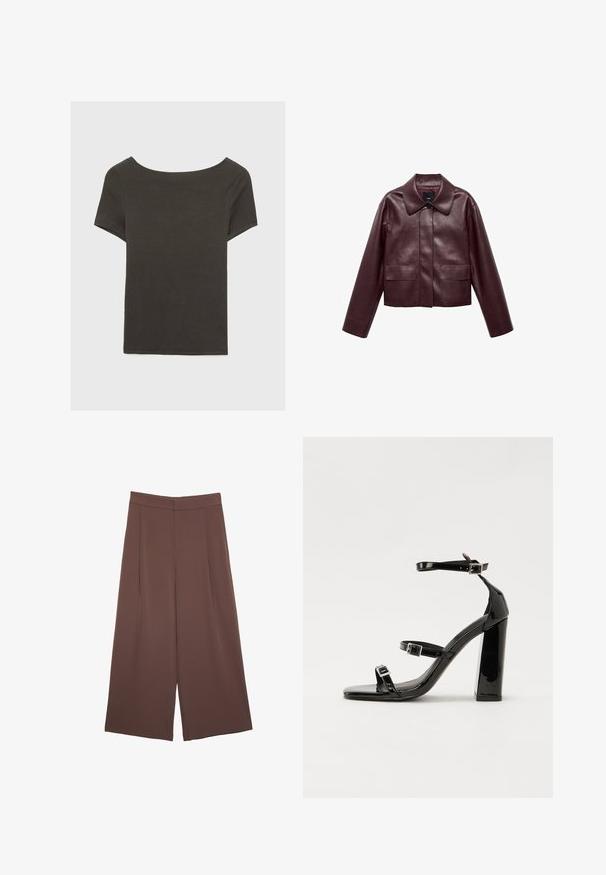 Burgundowa skórzana krótka kurtka z kołnierzem, zapięciem na guziki z przodu i dwiema kieszeniami na piersiach. Gładka tekstura i dopasowane rękawy.; Czarna szara bluzka z krótkim rękawem i dekoltem w kształcie łódki. Wykonana z prążkowanej tkaniny, ma luźny krój i czyste wykończenie. Prosty design, bez wzorów.; Brązowe spodnie o szerokich nogawkach z gładką fakturą, z wysokim stanem i plisami z przodu. Materiał jest lekki i luźno opada.; Czarne lakierowane sandały na obcasie z kwadratowym noskiem, z paskami wokół kostki i srebrnymi klamrami. Posiadają masywny słupek dla stabilności.