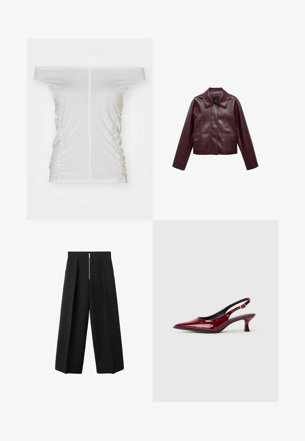 Burgundy leather cropped jacket with a collar, front button closure, and two chest pockets. Smooth texture and fitted sleeves.; White off-the-shoulder top, gathered side detailing, soft fabric, fitted design, and a straight neckline.; Black wide-leg trousers with front pleats and a visible silver zipper closure at the waist, flat front, and side pockets.; Burgundy patent leather slingback heels with a pointed toe and a sleek stiletto heel. Open back design with adjustable ankle strap detail.