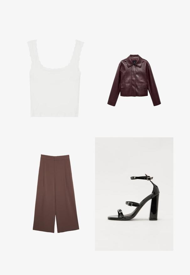 Burgunderlæder cropped jakke med krave, frontknaplukning og to brystlommer. Glat tekstur og tætsiddende ærmer.; Hvid ribbet tanktop med bølgede kanter på stropperne og udskæringen, i en tætsiddende pasform og blød tekstur.; Brune bredbunde bukser med en glat tekstur, der har høj talje og plisseringer foran. Stoffet er let og falder løst.; Sorte patenterede hælsandaler med firkantet tå, ankelremme og sølvspænder. Har en chunky blokHæl for stabilitet.