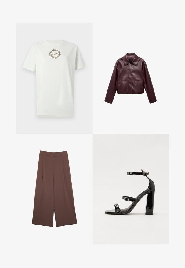 Burgundy nahka cropped-takki, jossa on kaulus, etu-napitus ja kaksi rintataskua. Sileä pinta ja istuvat hihat.; Vaaleanvihreä puuvillainen t-paita, jossa keskellä piikkilanka ympäröimässä logoa. Pyöreä pääntie ja lyhyet hihat. Pehmeä pinta.; Ruskeat leveälahkeiset housut, joissa on sileä pinta, korkea vyötärö ja etupleat. Kangas on kevyttä ja laskeutuu väljänä.; Musta kiiltävä korkokenkä sandaalit neliönmuotoisella varpaalla, nilkkaremmillä ja hopeisilla soljilla. Varustettu tukevalla lohkokorkealla vakauden takaamiseksi.