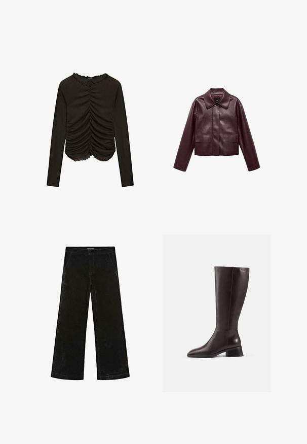 Burgunderrote, taillierte Lederjacke mit Kragen, Knopfverschluss auf der Vorderseite und zwei Brusttaschen. Schmale Passform und enganliegende Ärmel.; Schwarzes Langarmshirt mit gerafften Details vorne und geschwungenem Ausschnitt. Hergestellt aus einem weichen, dehnbaren Stoff.; Schwarze weit geschnittene Hosen aus weichem Samtstoff, mit einer mittelhohen Taille, zwei Seitentaschen und dezenten Nähten.; Knöchelhohe, braune Lederstiefel mit glatter Oberfläche, abgerundeter Spitze und gestapeltem schwarzen Absatz. Schlichtes Design mit minimalen Hardware-Details.