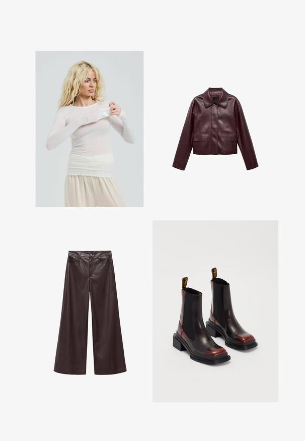 Bordeaux leren cropped jas met een kraag, sluiting met knopen aan de voorkant en twee borstzakken. Glad textuur en aangesloten mouwen.; Langermige, doorschijnende witte top met een getailleerde stijl. Lichte stof met een zachte textuur. Model past de mouw aan en draagt een crèmekleurige broek.; Bruine neplederen wijde broek met hoge taille, voorzien van voorzakken en een klassieke knoopsluiting. Zachte textuur en matte afwerking.; Dr. Martens MAYBOLE CHELSEA - Enkellaarsjes met plateauzool - black/cherry red