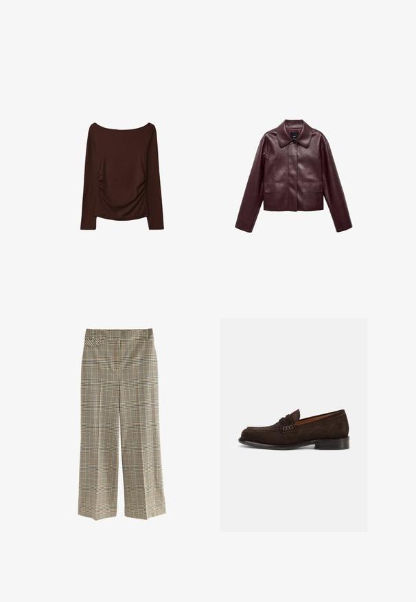 Burgunderlæder cropped jakke med krave, frontknaplukning og to brystlommer. Glat tekstur og tætsiddende ærmer.; Brun langærmet top med en bred udskæring og rynkede detaljer på siderne, lavet af et blødt, strækbart materiale.; Rutet bredbukser lavet af vævet stof. Har en talje, sidelommer og et mønster af brune, blå og cremefarvede firkanter.; Brun ruskindslipper med rundet tå, dekorative syninger og en lav sort hæl. Har en glat inderside for komfort.
