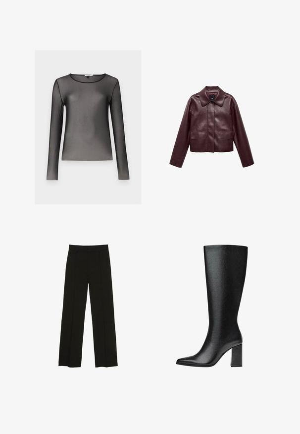 Giacca cropped in pelle bordeaux con colletto, chiusura frontale a bottoni e due tasche sul petto. Texture liscia e maniche aderenti.; Top nero a maniche lunghe realizzato in tessuto trasparente e leggero; presenta un collo rotondo e una silhouette aderente. Texture morbida, dettagli minimi.; Pantaloni neri a gamba larga realizzati in un tessuto morbido, con una vita aderente e sottili pieghe frontali per un tocco di consistenza.; Stivale nero al ginocchio realizzato in pelle sintetica, con punta affusolata, texture liscia e tacco a blocco spesso. Design minimalista senza decorazioni visibili.
