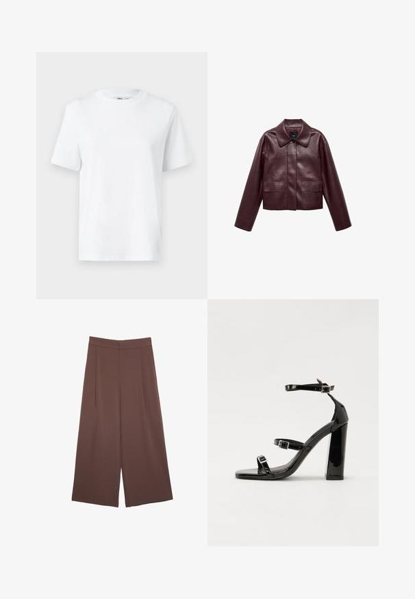 Burgunderrote, taillierte Lederjacke mit Kragen, Knopfverschluss auf der Vorderseite und zwei Brusttaschen. Schmale Passform und enganliegende Ärmel.; Weißes Baumwoll-T-Shirt mit Rundhalsausschnitt, kurzärmlig und mit glatter Textur. Entworfen mit einer lockeren Passform für Komfort und Vielseitigkeit.; Braune Weite-Leg-Hosen mit einer glatten Textur, hoher Taille und Vorderfalten. Der Stoff ist leicht und fällt locker.; Schwarze patentierte Sandalen mit Absatz, quadratischer Spitze, Knöchelriemen und silbernen Schnallen. Mit einem stabilen Blockabsatz für mehr Stabilität.