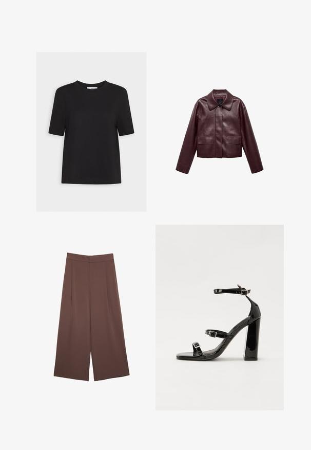 Burgunderlæder cropped jakke med krave, frontknaplukning og to brystlommer. Glat tekstur og tætsiddende ærmer.; Sort bomulds t-shirt med rund hals, korte ærmer og lige kant. Simpelt design uden synlige mønstre eller detaljer.; Brune bredbunde bukser med en glat tekstur, der har høj talje og plisseringer foran. Stoffet er let og falder løst.; Sorte patenterede hælsandaler med firkantet tå, ankelremme og sølvspænder. Har en chunky blokHæl for stabilitet.