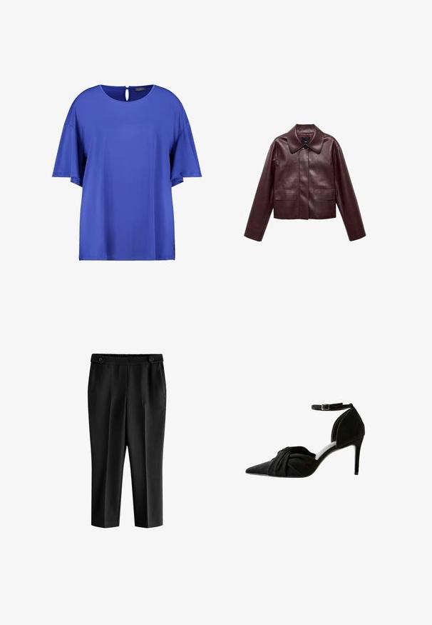 Burgunderrote, taillierte Lederjacke mit Kragen, Knopfverschluss auf der Vorderseite und zwei Brusttaschen. Schmale Passform und enganliegende Ärmel.; Samoon Bluse - skydiver blue; Schwarze, cropped Stoffhosen mit einer lockeren Passform, elastischem Bund und zwei Vordertaschen. Der Stoff hat eine glatte Textur mit einem leicht glänzenden Finish.; Schwarzer Wildleder-Pumps mit spitzem Zeh, geknotetem Detail an der Vorderseite, Knöchelriemen und dünnem Stiletto-Absatz.