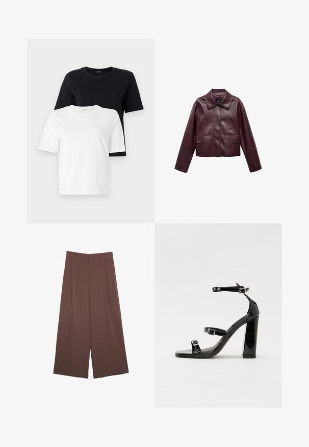 Burgundy läderkort jacka med krage, framknAppstängning och två bröstfickor. Slät yta och figurnära ärmar.; Svart och vit bomullströja. Rund hals, korta ärmar, avslappnad passform. Den svarta tröjan visas ovanför den vita tröjan.; Bruna vida byxor med en slät textur, som har hög midja och framfickor. Tyget är lätt och flödar löst.; Svarta lackerade klacksandaler med fyrkantig tå, ankelremmar och silverfärgade spännen. Har en kraftig blockklack för stabilitet.