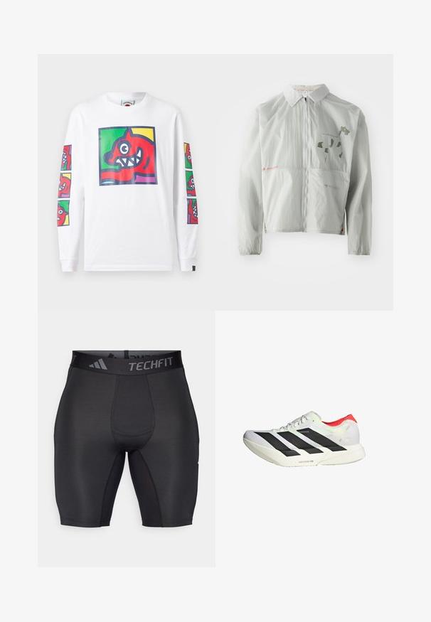 Light gray windbreaker jacket made from lightweight material, featuring a front zipper, collar, and printed text and graphics in muted tones.; Long-sleeve white T-shirt featuring colorful graphic prints of a red creature with sharp teeth on front and sleeves, made of cotton.; Black athletic shorts made of smooth, stretchy fabric. Features a wide, branded waistband and flatlock seams for comfort and durability.; White athletic shoe with black diagonal stripes, red accents at the heel, and a textured upper; features LIGHTSTRIKE PRO cushioning.