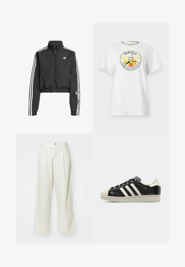 Black cropped jacket made of lightweight material, featuring a high collar, white stripes on sleeves, and an embroidered logo on the chest.; White cotton t-shirt with short sleeves, featuring a round graphic logo in green and yellow, displaying "Adidas Originals" and fruit designs.; Wide-leg trousers in cream fabric with vertical brown stripes, featuring a button closure and front pleats for added design detail.; Black leather sneaker with white stripes, rubber toe cap, black laces, and a cream-colored outsole. Smooth texture with shiny finish.