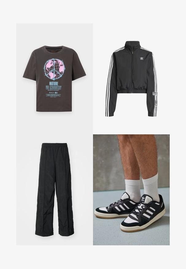 Veste noire courte en matériau léger, avec un col montant, des rayures blanches sur les manches et un logo brodé sur la poitrine.; T-shirt gris foncé à manches courtes, arborant un design de globe coloré en rose et bleu, avec le texte "NATURE VS INDUSTRY" en gras.; Pantalons larges noirs avec une taille élastique, présentant une texture lisse et des détails de couture sur les côtés pour un design supplémentaire.; Baskets noir et blanc avec une tige en suède et cuir, comportant trois rayures blanches, un bout perforé et une semelle en caoutchouc gum.