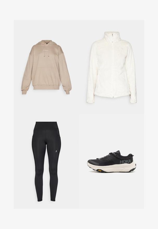 The North Face OSITO JACKET - Polárdzseki - white dune; Sötétbézs kapucnis pulóver, puha anyagból, kenguruzsebbel, húzózsinórral ellátott kapucnival és egyszerű elülső logóval. Lazább fazon.; Fekete, teljes hosszúságú leggings sztreccs anyagból, magas derékkal, oldalsó zsebekkel és egy kis logóval a bal combon.; Fekete sportcipők lélegző hálós felsőrésszel, gumitípusú talppal, fehér párnázott középtalppal és fényvisszaverő fűzőkkel. Vibram logó a talpon.
