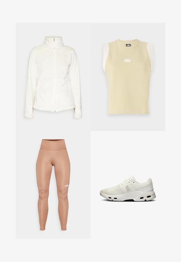 The North Face OSITO JACKET - Fleecová bunda - white dune; Bezramenný top v pastelově žluté bavlně s kulatým výstřihem. Obsahuje kontrastní krémové ramenní panely a texturované logo na hrudi.; Vysoké, těsně přiléhající legíny v světle hnědé barvě. Vyrobené z hladkého, pružného materiálu s bílým logem na levém stehně.; Bílé sportovní boty s síťovaným svrškem, polstrovaným límcem a texturovanými detaily; mají podrážku Cloudtec s ventilačními otvory pro prodyšnost.